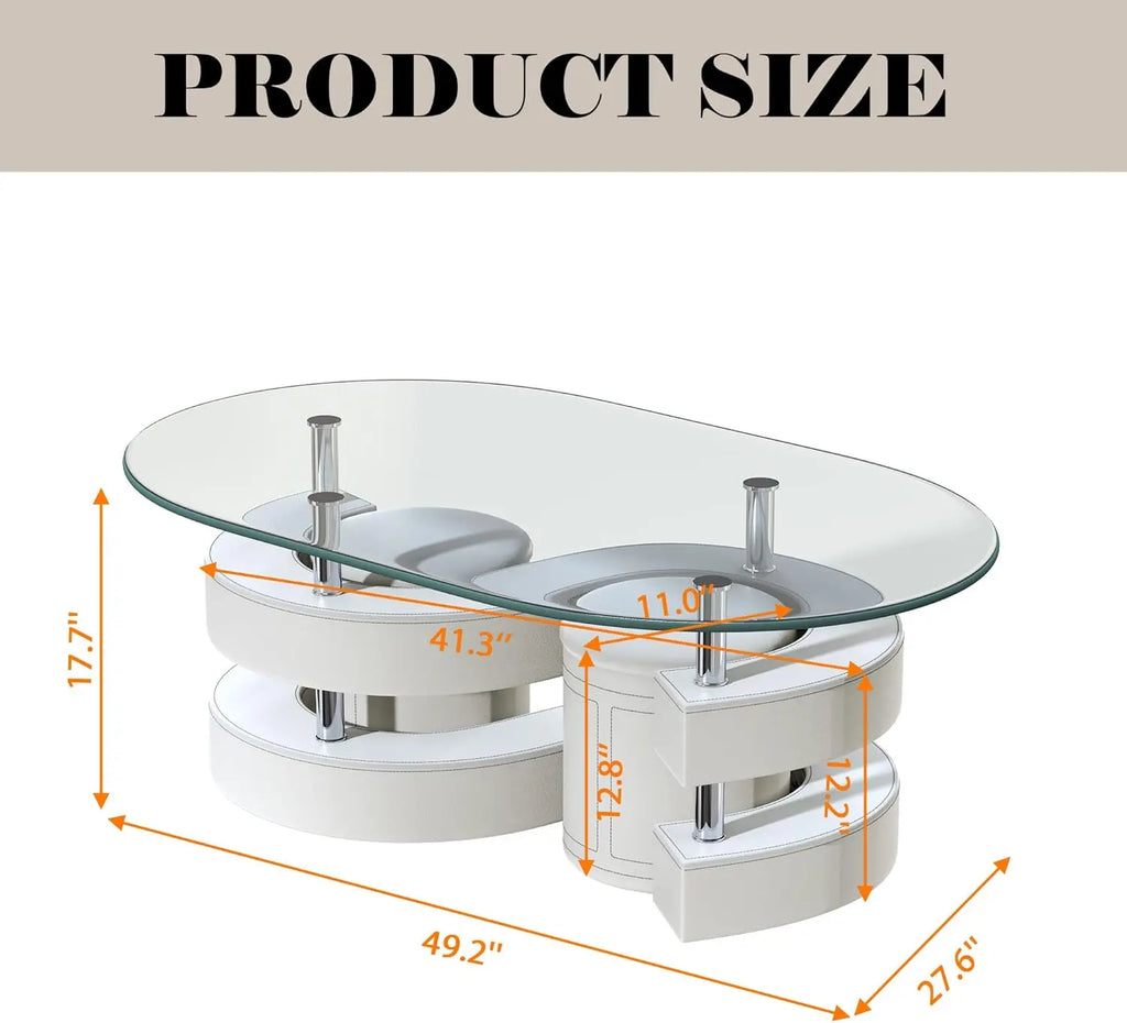 Oval Glass Coffee Table Set of 3, 0.39" Tempered Glass Top and S Shape Base, Modern Center Table with 2 Leather Stools