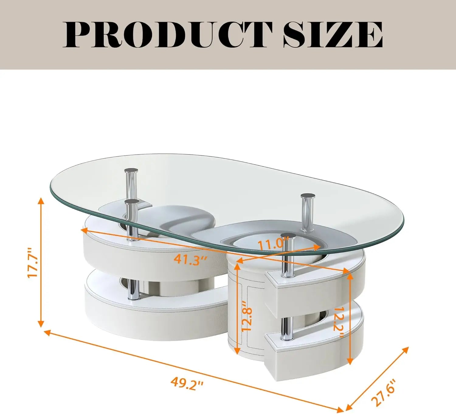 Oval Glass Coffee Table Set of 3, 0.39" Tempered Glass Top and S Shape Base, Modern Center Table with 2 Leather Stools