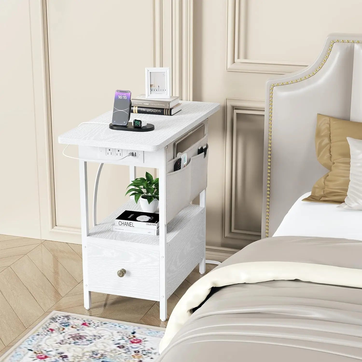 Small Side Table with Charging Station, Narrow Nightstand Bedside Tables with Storage Pocket for Living Room Bedroom, Sofa End Table