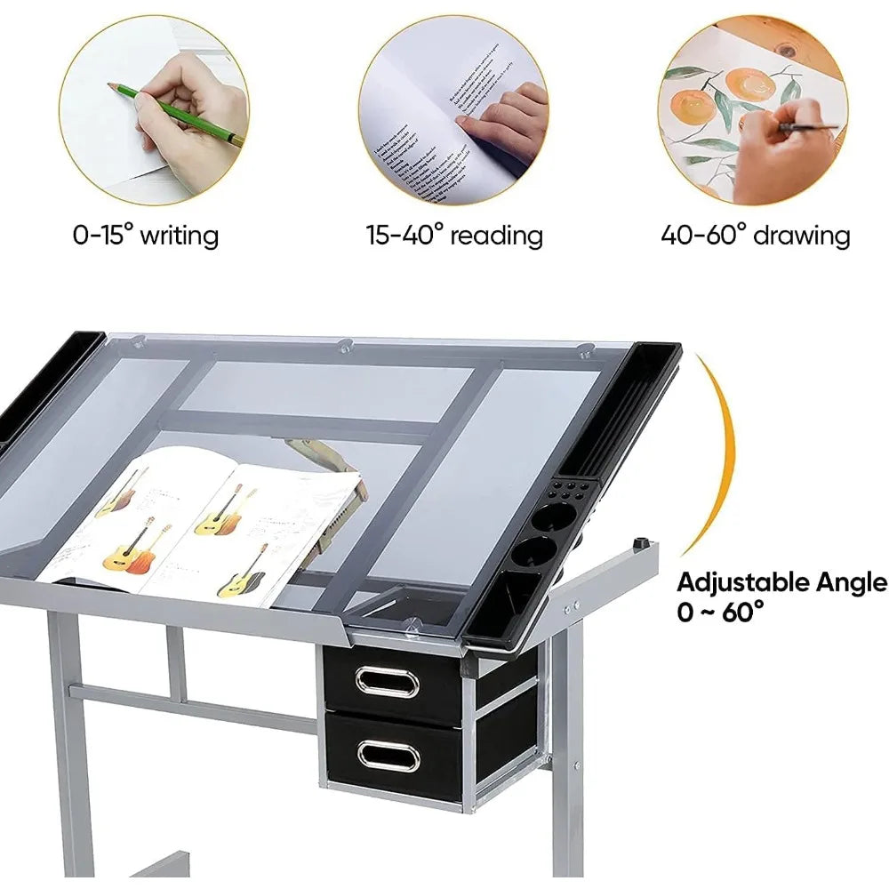 Adjustable Drafting Table, Art/ Desk Drawing Table Versatile Art Craft Work Station Glass Tabletop w/2 Slide Drawers and Wheels