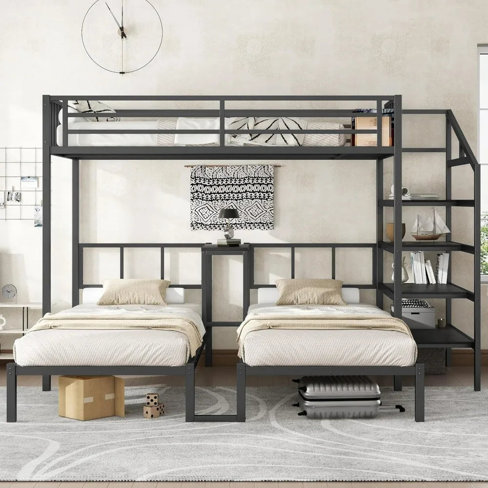 Triple Bunk Bed for Three Children, Sturdy with Storage Steps, Desk, and Safety Rails