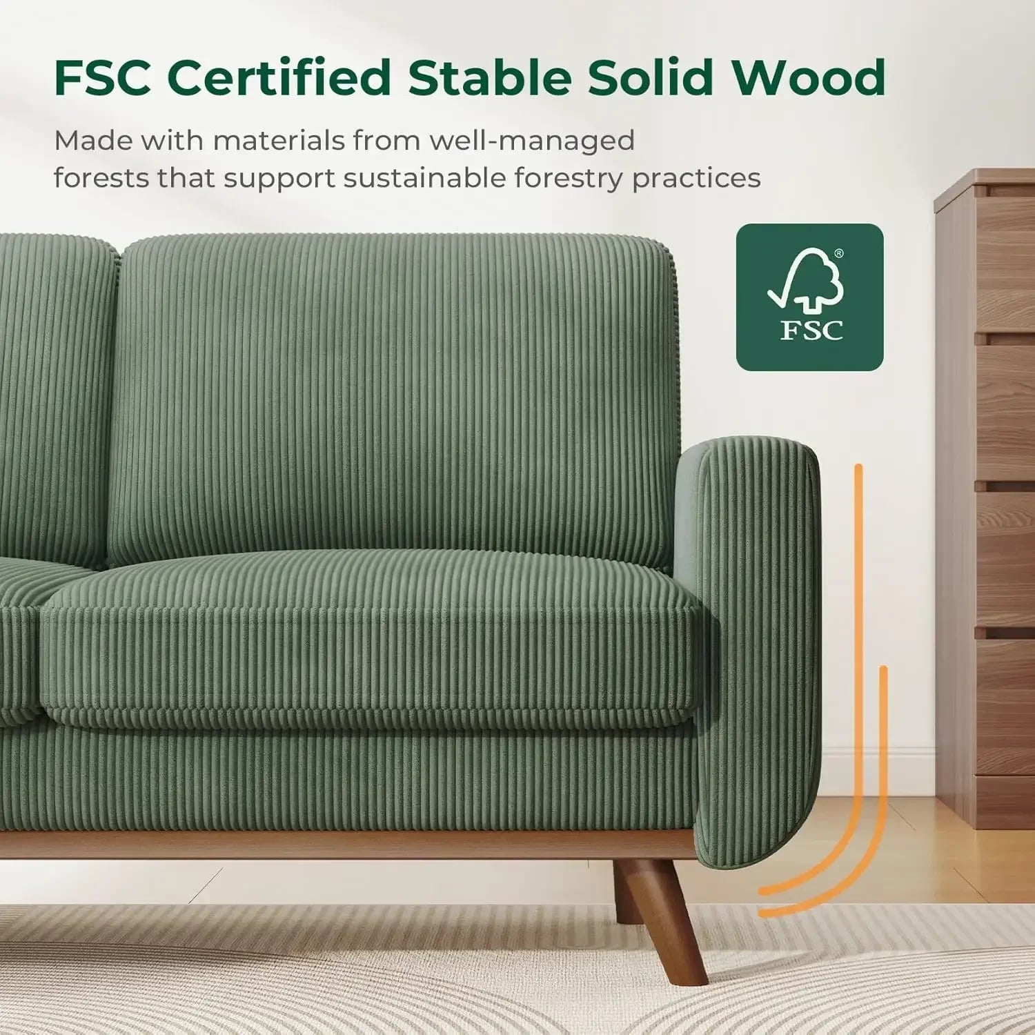 Bedroom & Living Room，68" Loveseat Sofa - Green, Comfy Corduroy with Spring Cushion, Solid Wood Frame, Modern Deep Seat