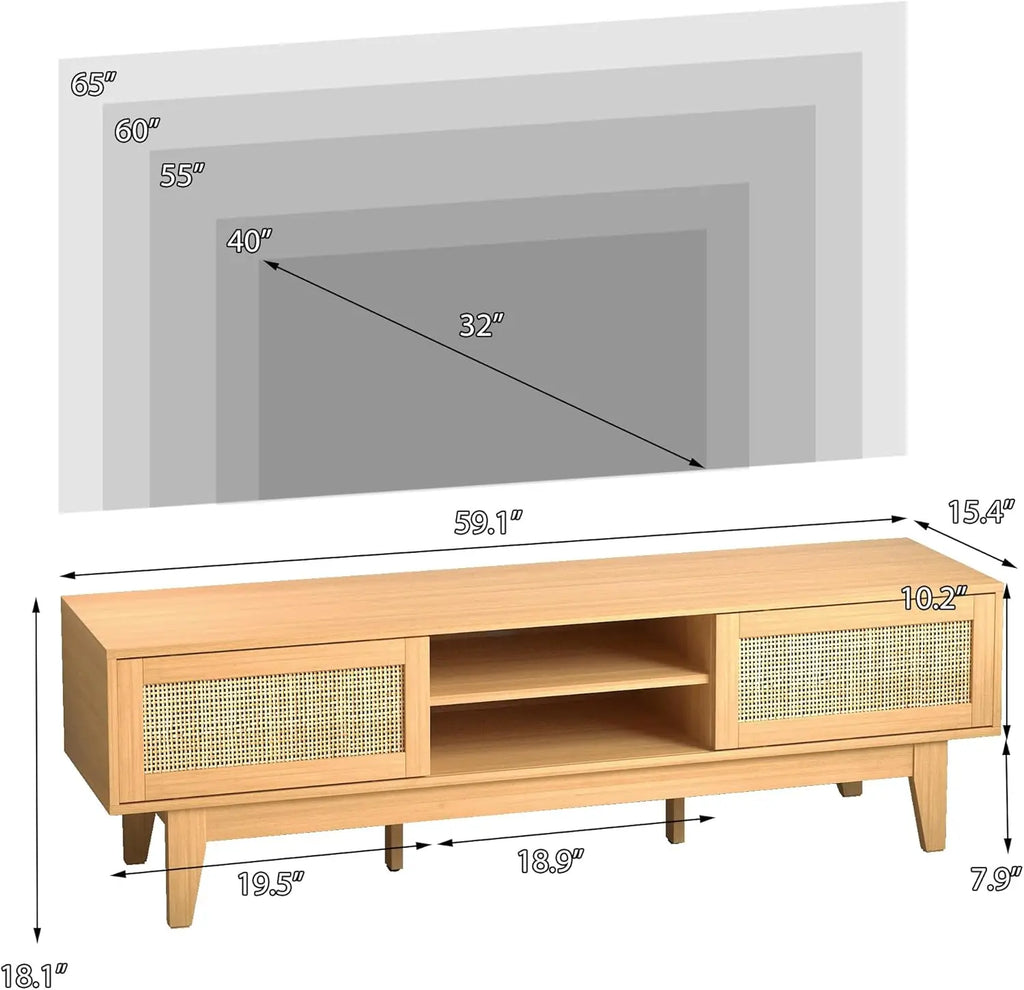 Boho TV Stand for 55/ 65" Inch TV, Rattan Entertainment Center with Shelves, Cabinets and Sliding Doors, TV Media Console Table