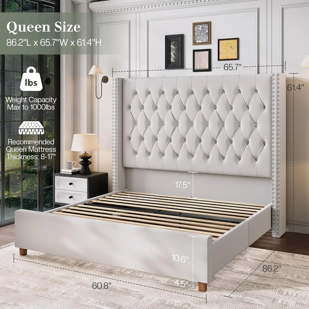 Queen Size Bed Frame with 61.4'' Tall Headboard, Velvet Upholstered Wingback Platform Design, Handcrafted Pleats
