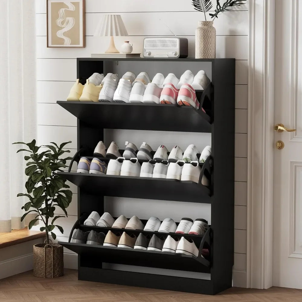 Shoe Storage Cabinet for Entryway with 3 Flip Drawers, Sturdy Wood Hidden Shoe Storage, Freestanding Narrow Slim Shoe Organizer