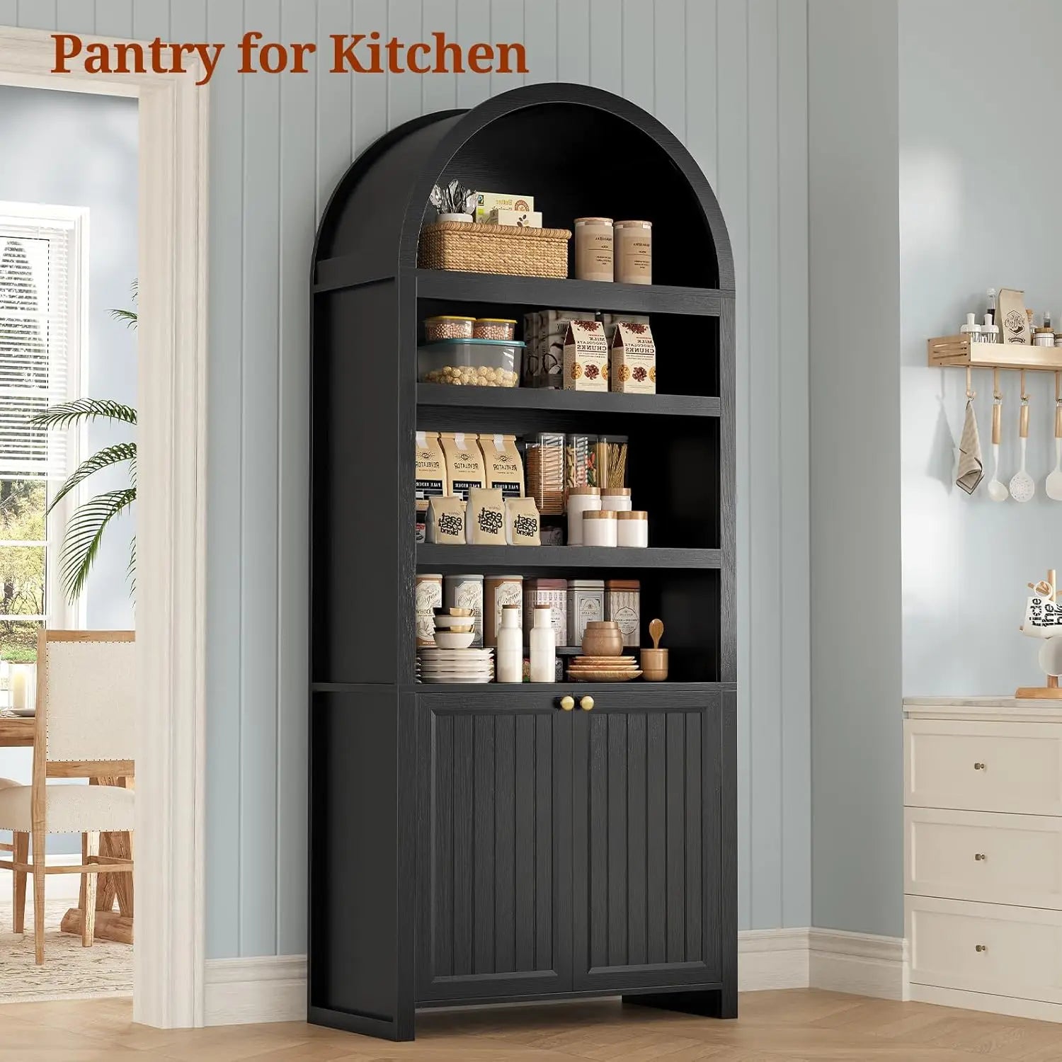 81" Tall Arched Cabinets,6-Tier Bookshelf ,2 Book Risers & Adjustable Shelves For More Storage Space