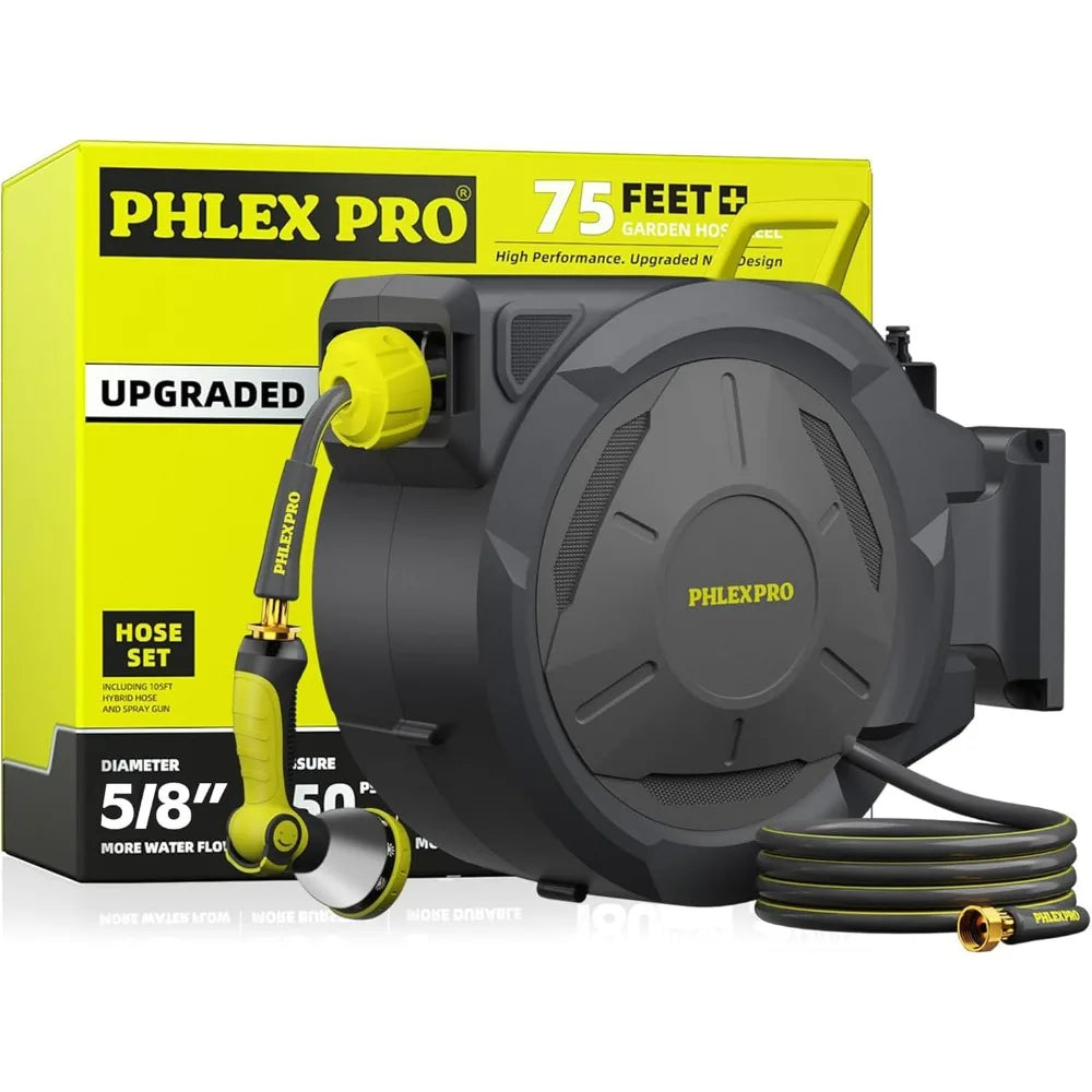 Heavy-Duty 75-Foot 5/8" Retractable Garden Hose Reel with Wall Mount and 10-Pattern Nozzle