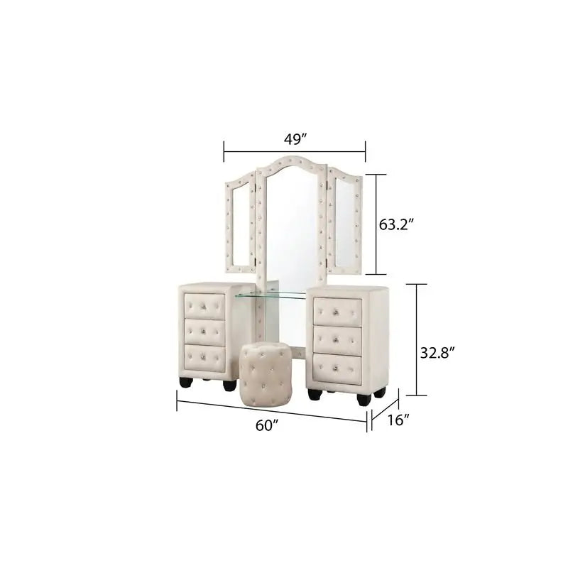 Modern Queen 5-Piece Vanity Bedroom Set with USB Ports, Cream Wood Finish