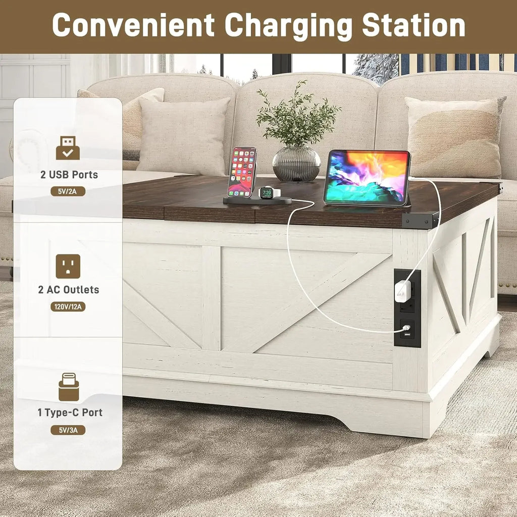 40” Large Farmhouse Lift Top Coffee Table with Power Outlets and Large Hidden Storage, Square Wood Living/Room Tables