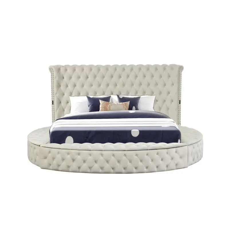Modern Queen 5-Piece Vanity Bedroom Set with USB Ports, Cream Wood Finish