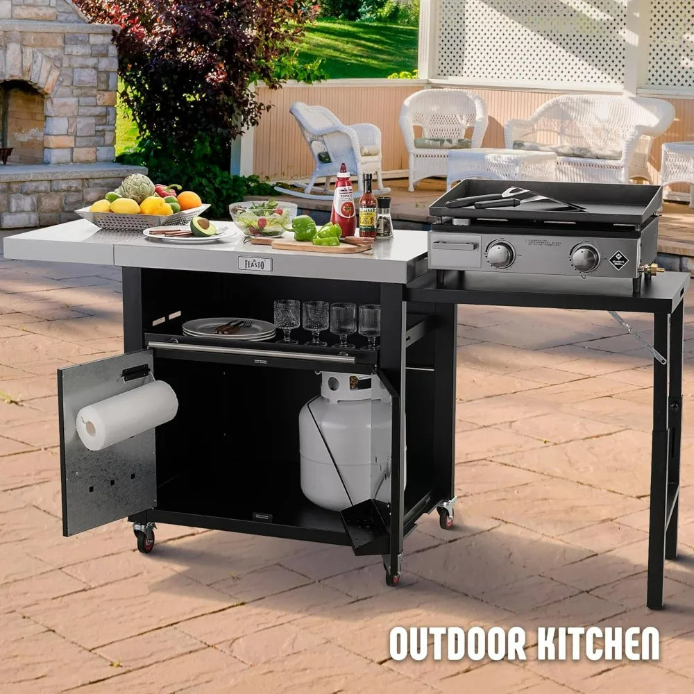 Stainless Steel Outdoor Kitchen Grill Table with Foldable Side Tables and Cabinet