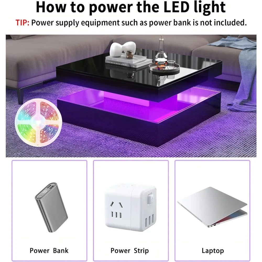 LED Coffee Table for Living Room with Storage - High Glossy Modern White Center Table with 2 Drawers, Square Wooden Middle Table