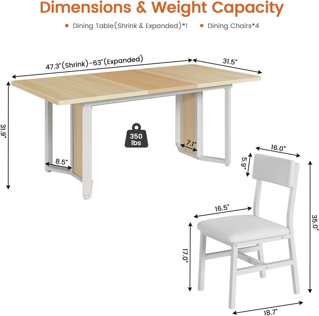 5-Piece Dining Table Set , 63" Extendable Kitchen Table , Dining Room Table with MDF Board & Metal Frame-Natural