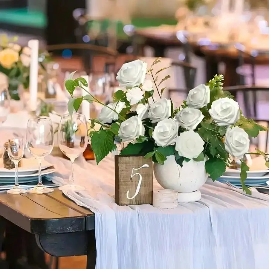 50/25/5 Pcs White Artificial Roses With Stems & 6 Corner Leaves, Realistic Fake Rose Flowers, DIY Wedding Bouquet, Bridal Gift, Table & Home Decor, Elegant Floral Arrangements, No Vase Needed