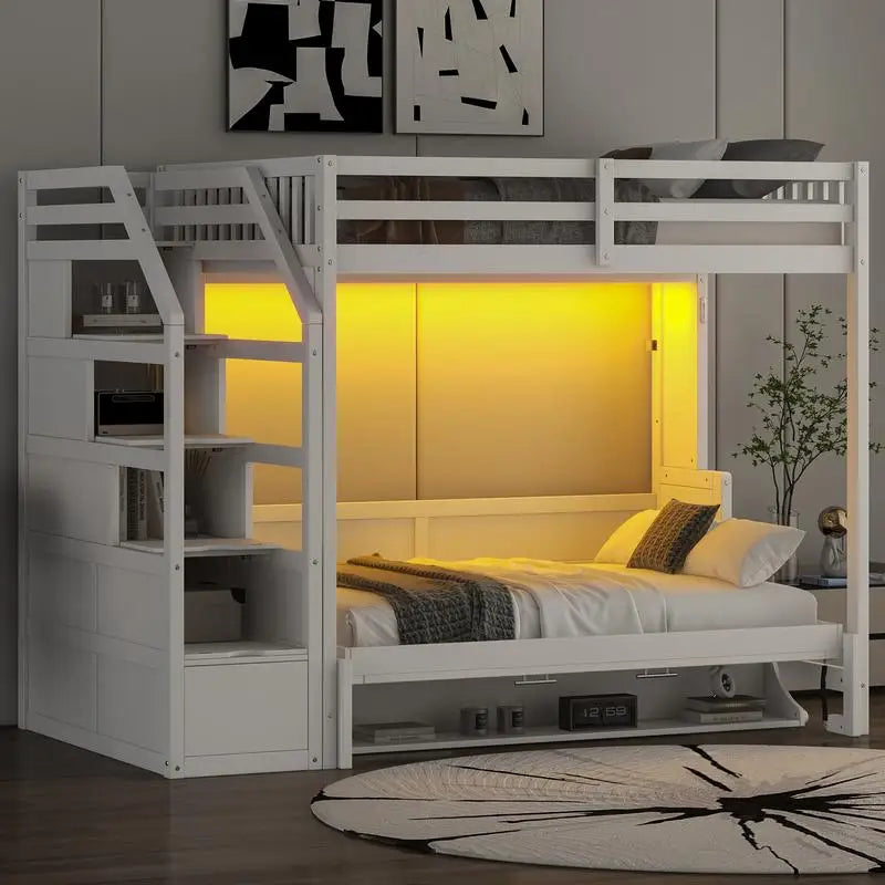 Full XL Loft Bed with Storage Staircase and Murphy Bed, LED Light, White Finish