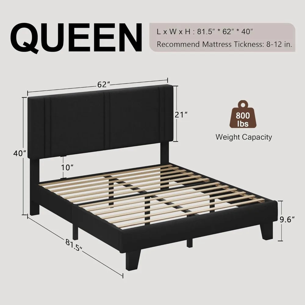 Upholstered Queen Size Bed Frame with Linen Fabric Headboard, Strong Wooden Slats Support, No Box Spring Needed