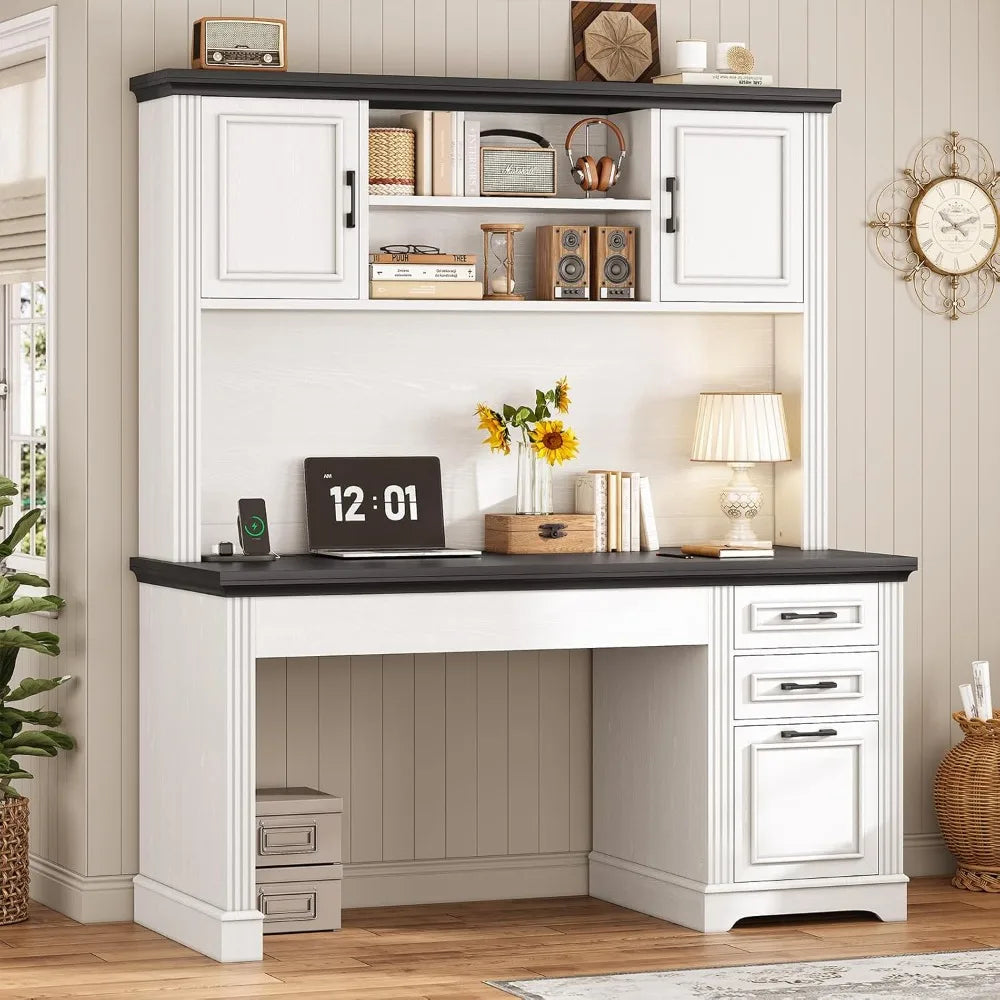 Farmhouse Computer Desk with Hutch and 3 drawers, with Power Outlet