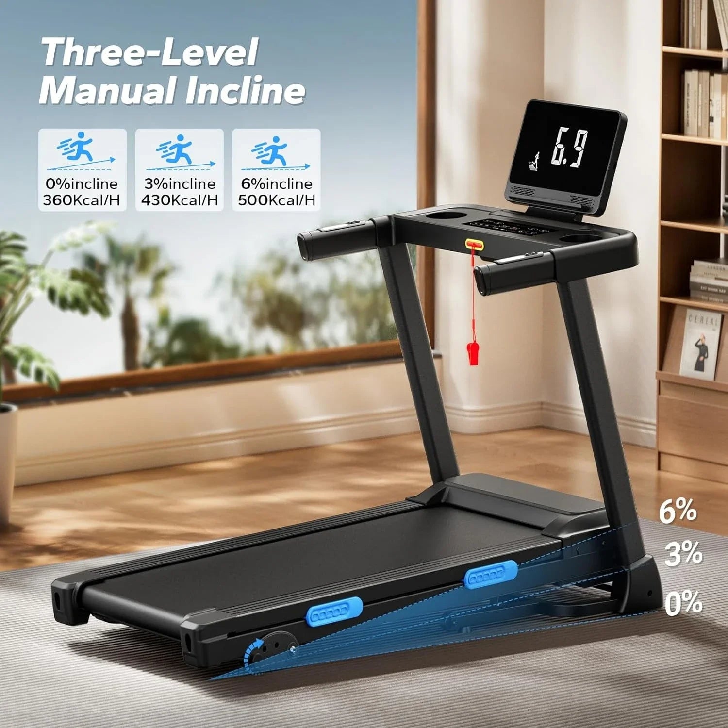 Foldable Treadmill with Incline, 7.5MPH Quiet Treadmill for Home with Double Deck Technology, 4 Silicone Shock Cushion
