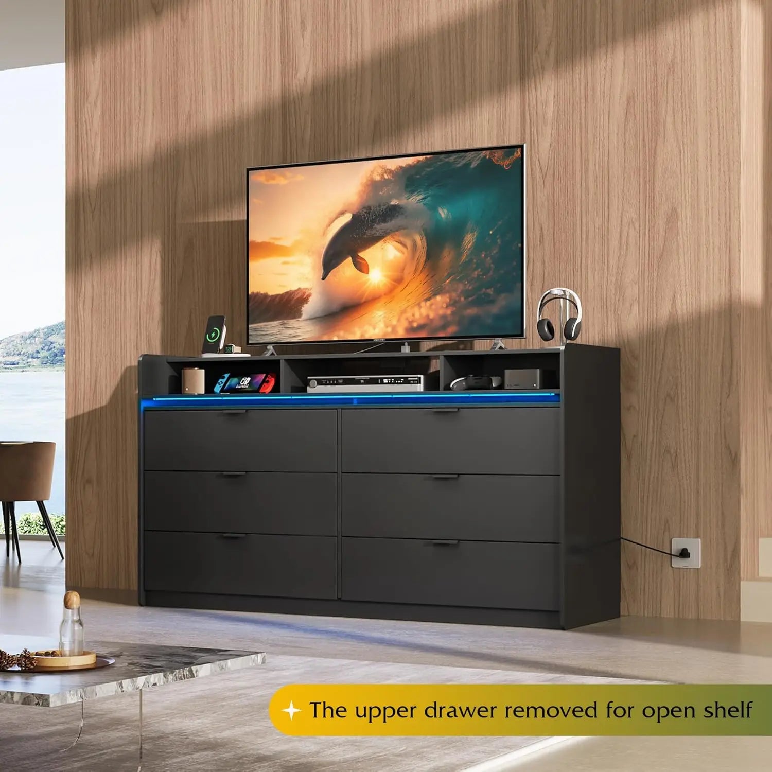 9 Drawer Led Dresser for Living/ Bedroom, Black Wood with Power Outlets for 65'' TV,