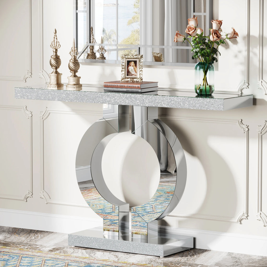 43.3-Inch (110cm) Mirrored Console, Entryway Table with Thickened Mirror Finish Tabletop
