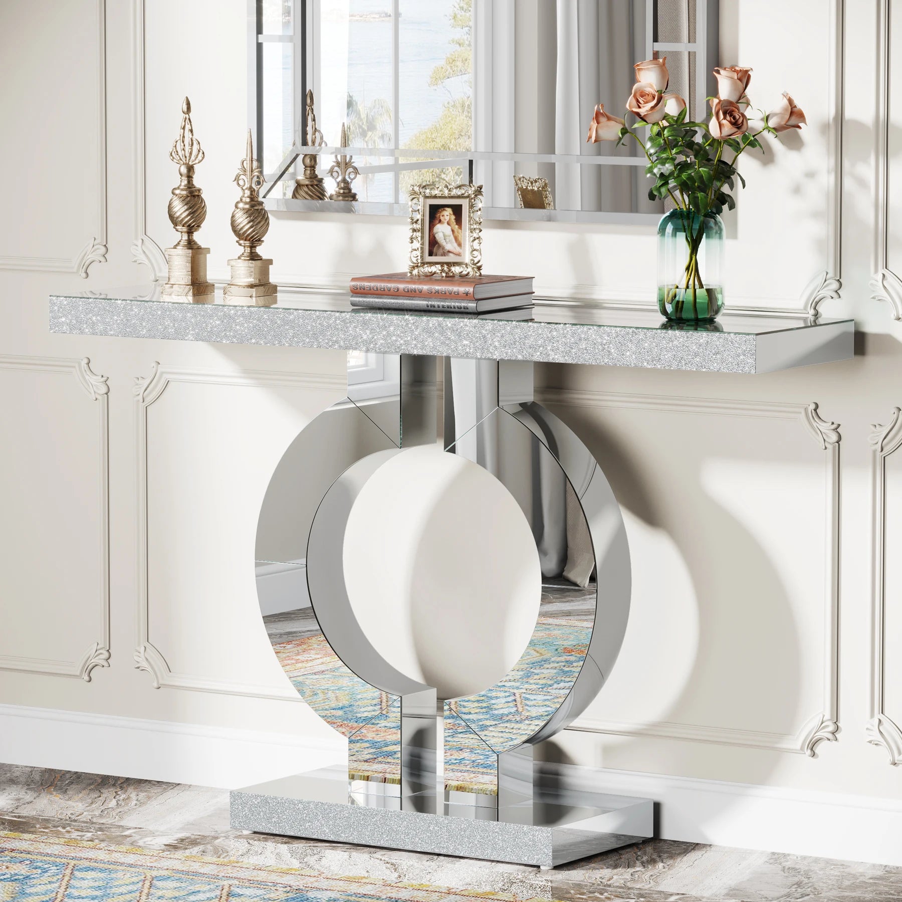43.3-Inch (110cm) Mirrored Console, Entryway Table with Thickened Mirror Finish Tabletop