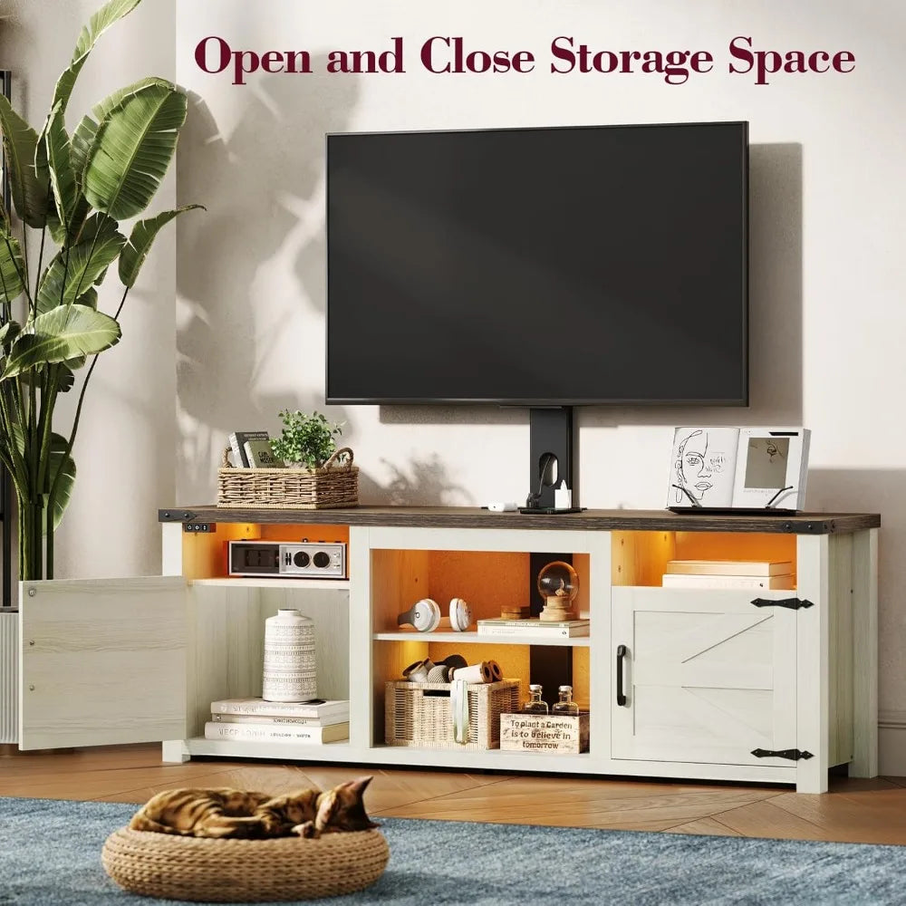 TV Stand with Mount, Farmhouse TV Stand for 32-75 inch TVs with Charging Station LED Lights, Entertainment Center with Storage