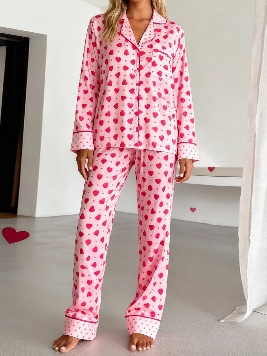 Valentine s Day Women s Pajama Set with Heart Print Long Sleeve Top and Elastic Waist Pants - 2 Piece Outfit featuring Turn