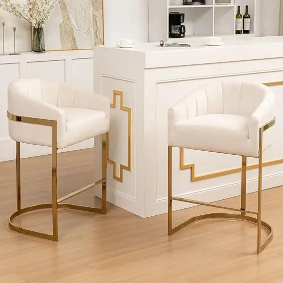 Counter Height Bar Stools Set of 2, Modern 27" H Barrel Counter Stools with Shell Back, Gold Velvet Bar Stools for Kitchen Island