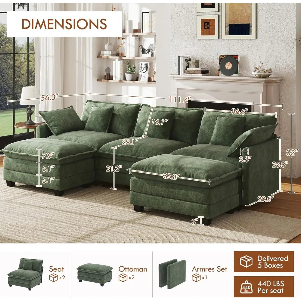 111.4” Modular Sectional Sofa, U Shape Cloud Couch , 2 Movable Ottomans, with Soft Pillows