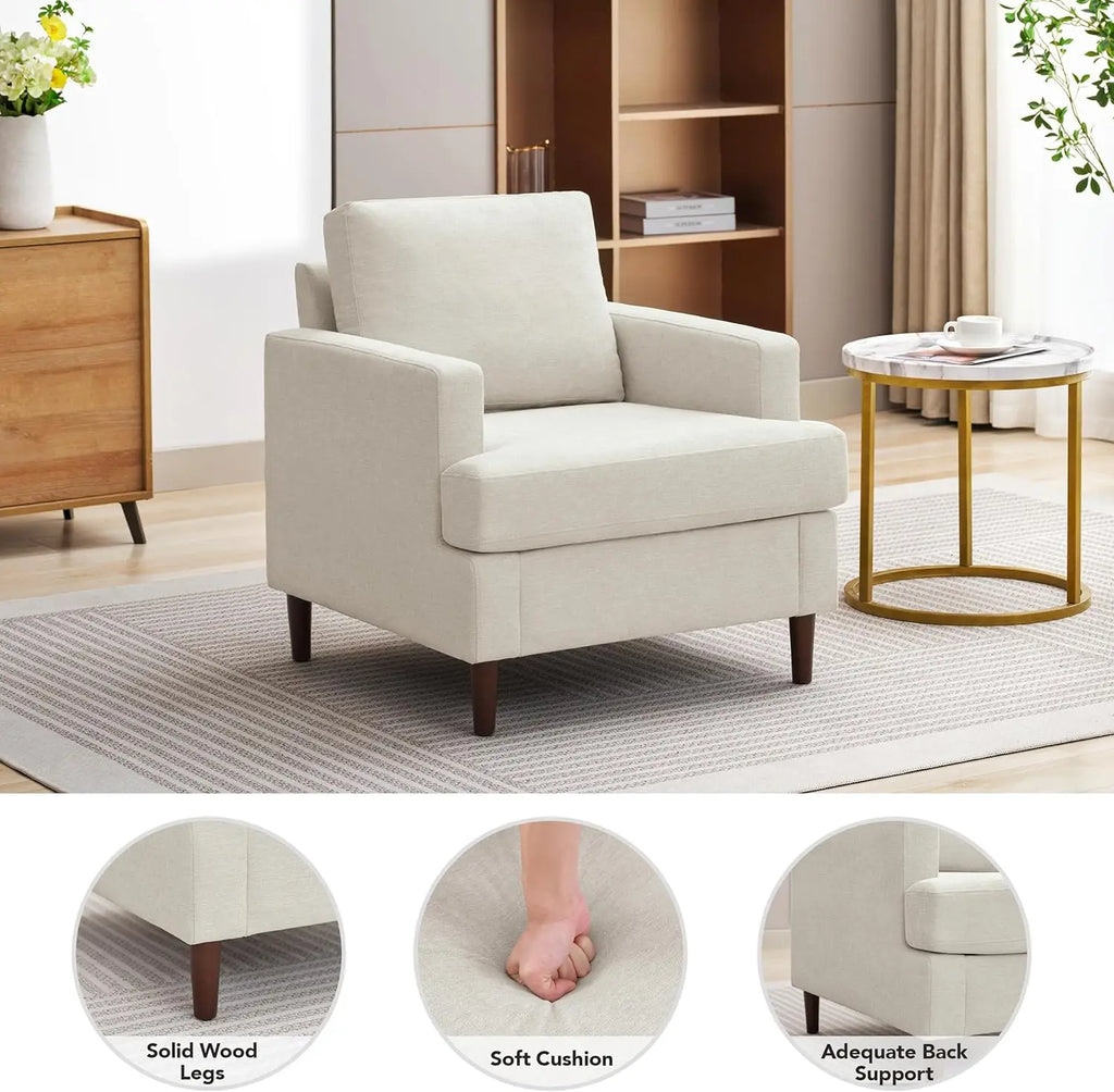 Mid-Century Accent Chair, Modern Linen Fabric Armchair for Living Room, Comfy Upholstered Reading Accent Chair(Beige, 1 Pack)
