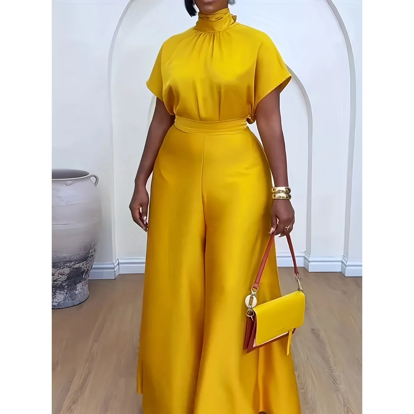 Yellow Turtleneck Short-Sleeved Knotted Top with Wide-Leg Pants/ Vacation/ Two-piece Trousers Suit