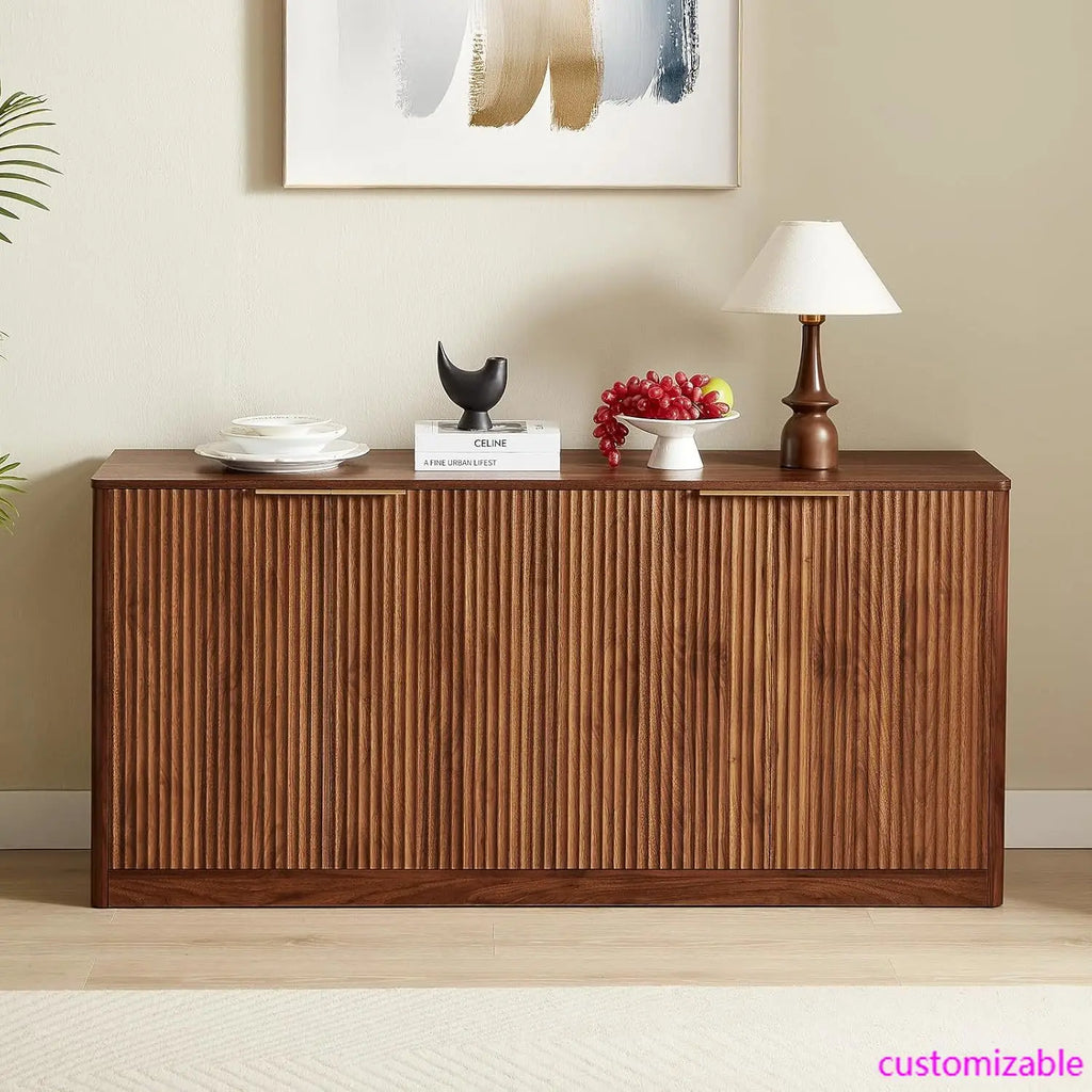 59" Fluted Walnut Sideboard Buffet Cabinet , Large Buffet Cabinet , Wood Mid Century Modern Sideboard
