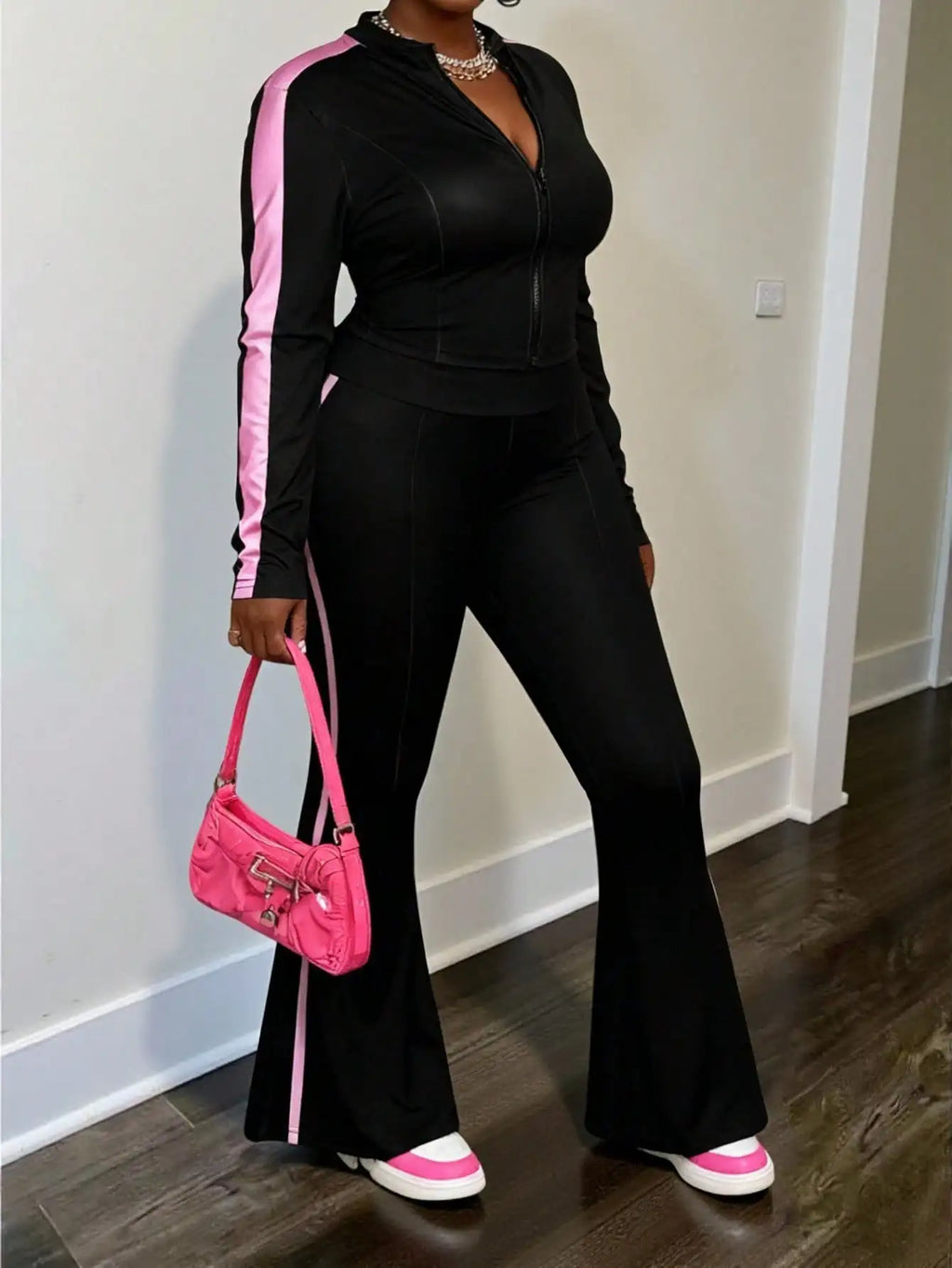 Plus Size Women's Black Pink Stripe Zip-Up Hoodie & Flare Pants/ 2 Piece Tracksuit Set