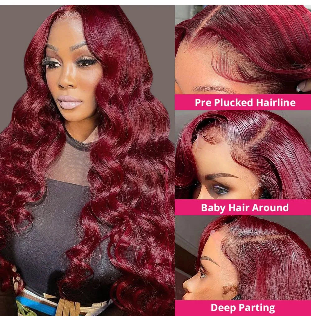 30 inch 99J Burgundy Lace Front Wigs Human Hair 13x6 Body Wave/ Lace Front Wigs/ Wine Red Lace Front Wig /180% Density