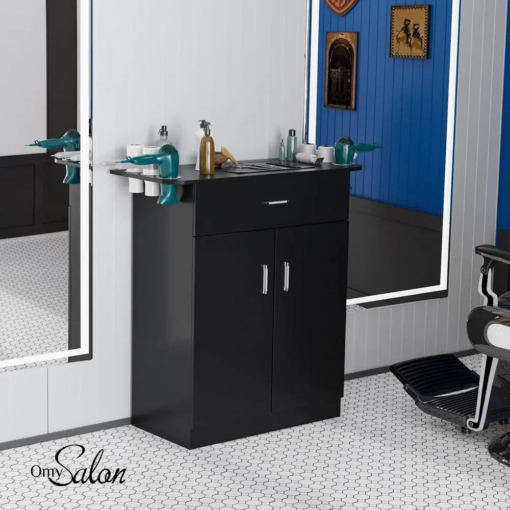 Salon Storage Station, Free Standing Cabinet with 1 Drawer, 1 Storage Cabinet, 6 Hair Dryer Holders for Hair Styling, Black