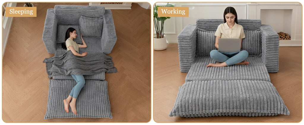 3-in-1 Pull Out Floor Couch with Washable Cushion and Pillows, Loveseat Sleeper Sofa, Convertible Sofa Bed/ Futon Couches