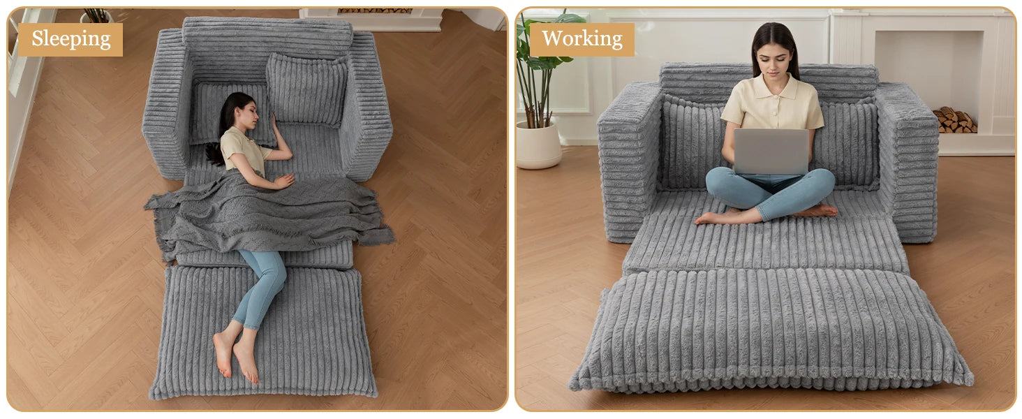 3-in-1 Pull Out Floor Couch with Washable Cushion and Pillows, Loveseat Sleeper Sofa, Convertible Sofa Bed/ Futon Couches