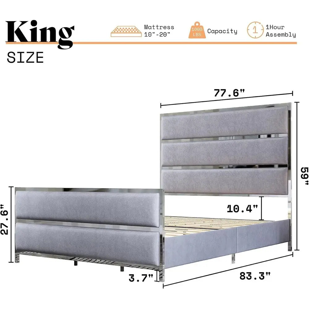 King-Size Velvet Bed Frame with Silver Trim, Channel Tufted Platform Bed, No Box Spring Needed