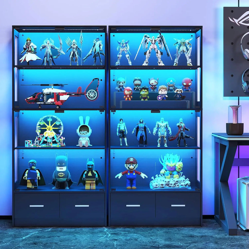 Glass Display Cabinet with Doors - Curio Cabinet with Dynamic LED Lights, 67" Display Case for Any Item, Black