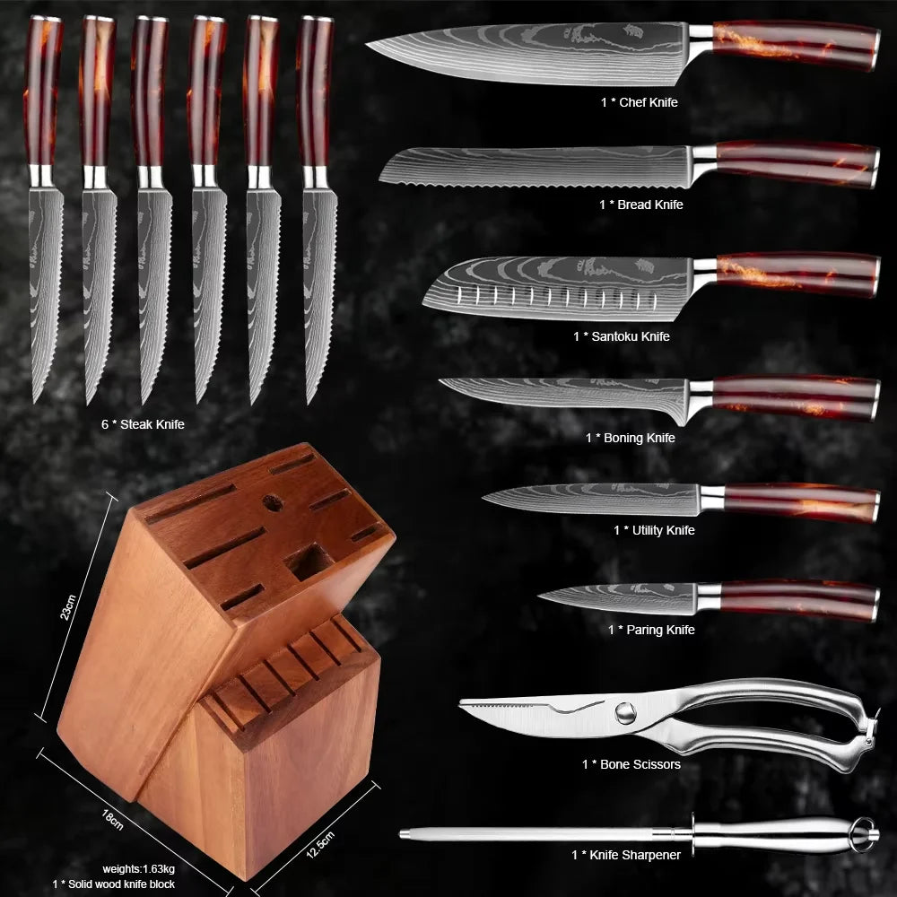 Kitchen Knife Set 15-Piece With Wooden Block, Laser Damascus Pattern Steel Professional Chef's Knife, With Scissor Sharpening Rod