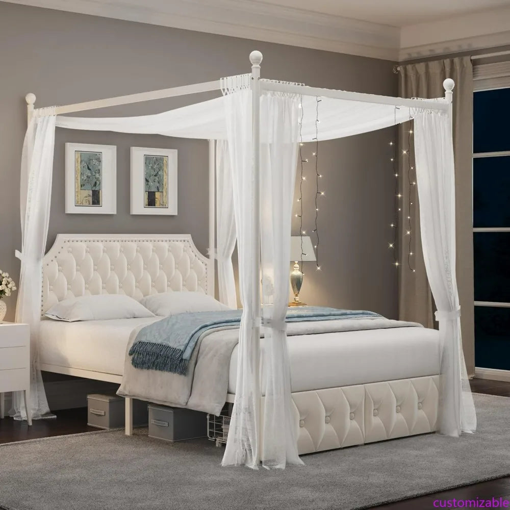 Queen Size Button Tufted Canopy Bed Frame with Storage Drawers and Metal Platform Base