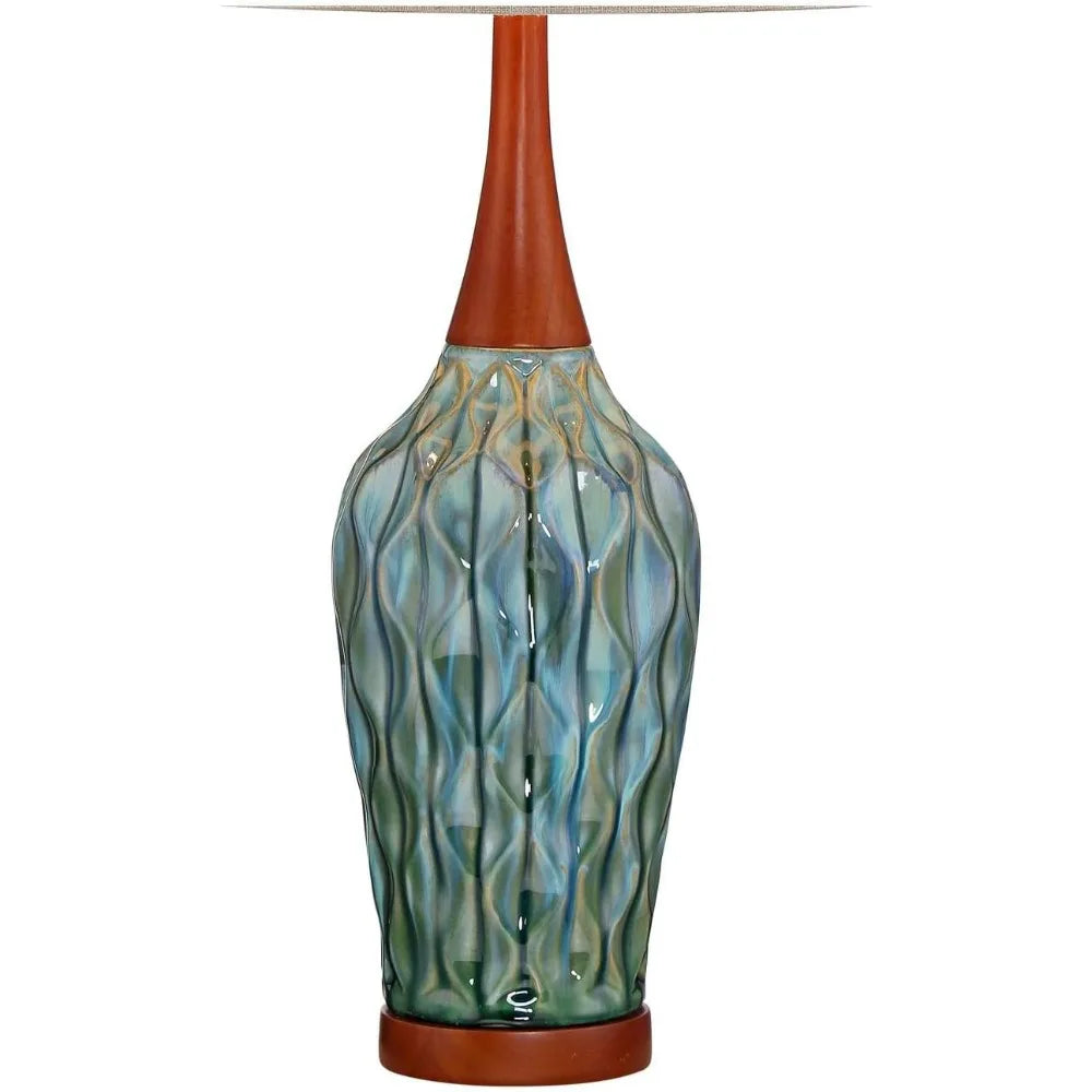 360 Lighting Rocco Mid Century Modern Table Lamp 30" Tall Ceramic Blue Teal Glaze Wood Handmade Linen Drum Shade