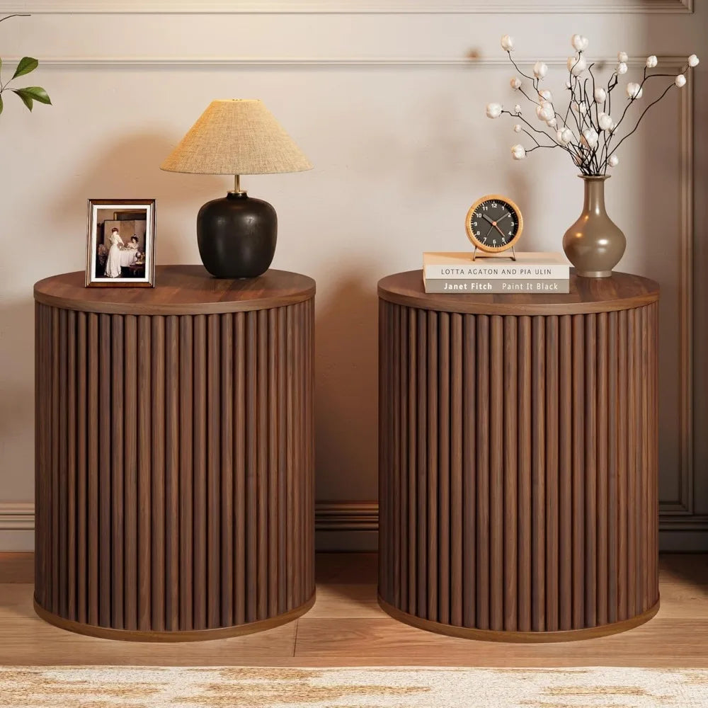 Pair of Mid-Century Modern Round Fluted Side Tables, 15.7 Wooden Nightstands with Storage for Bedside Use