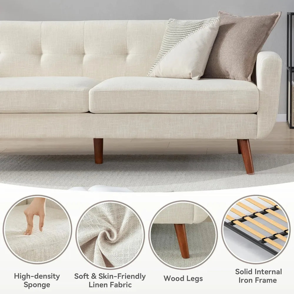 The New-77.2" W Linen Sofa Couch, Mid Century Modern Decor Loveseat Couch For Living Room, Button Tufted Upholstered