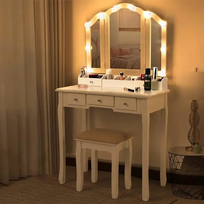 Luminated Makeup Vanity Desk with Tri-Fold Mirror and White Finish