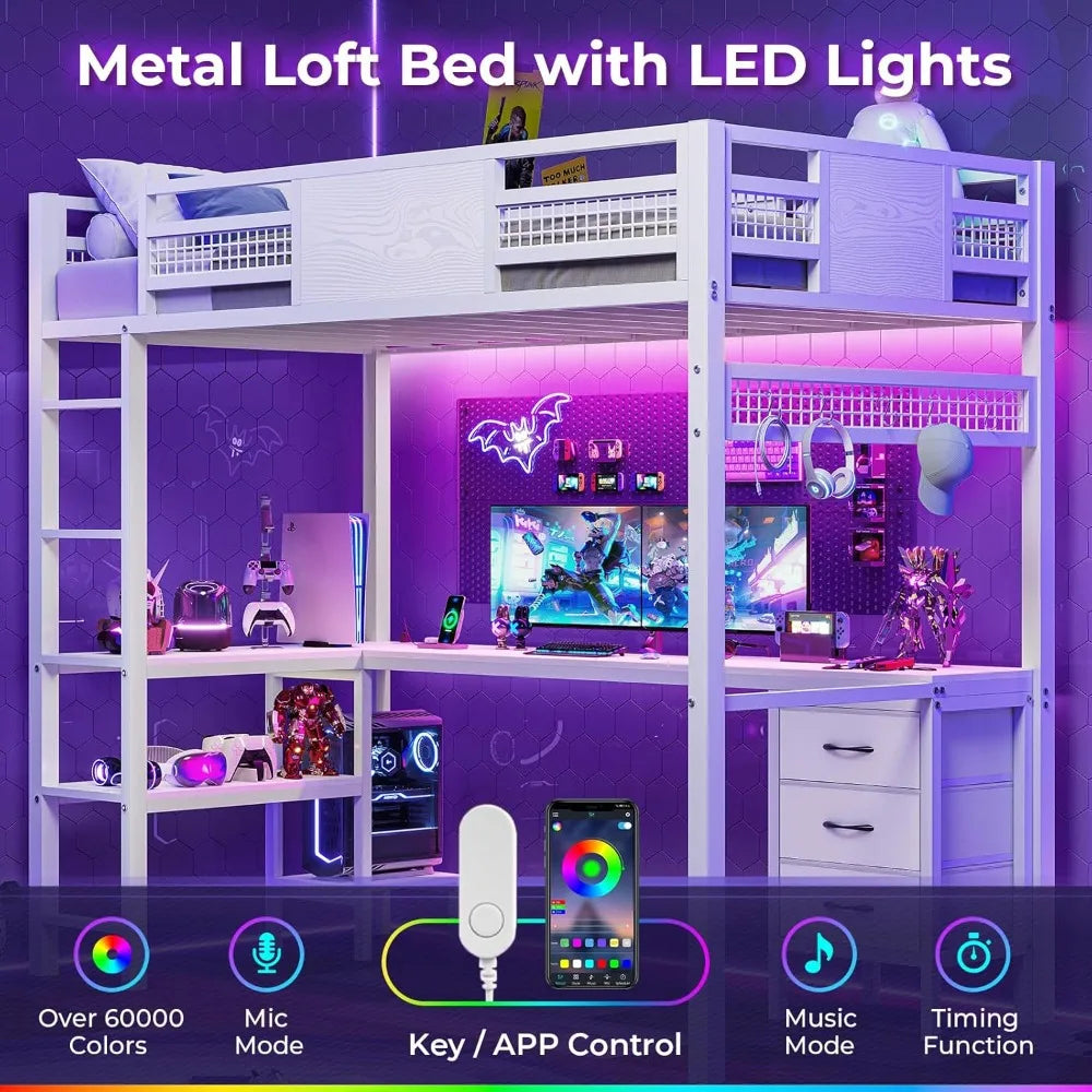 Loft Bed Twin Size with L-Shaped Desk, LED Lights, Charging Station, Twin Metal Loft Bed Frame with Fabric Drawers & Shelves