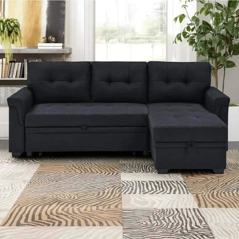 Modern 86" L-Shaped Sectional Sofa with Reversible Chaise, Storage, and Pull-Out Sleeper Bed for Living Rooms and Apartments
