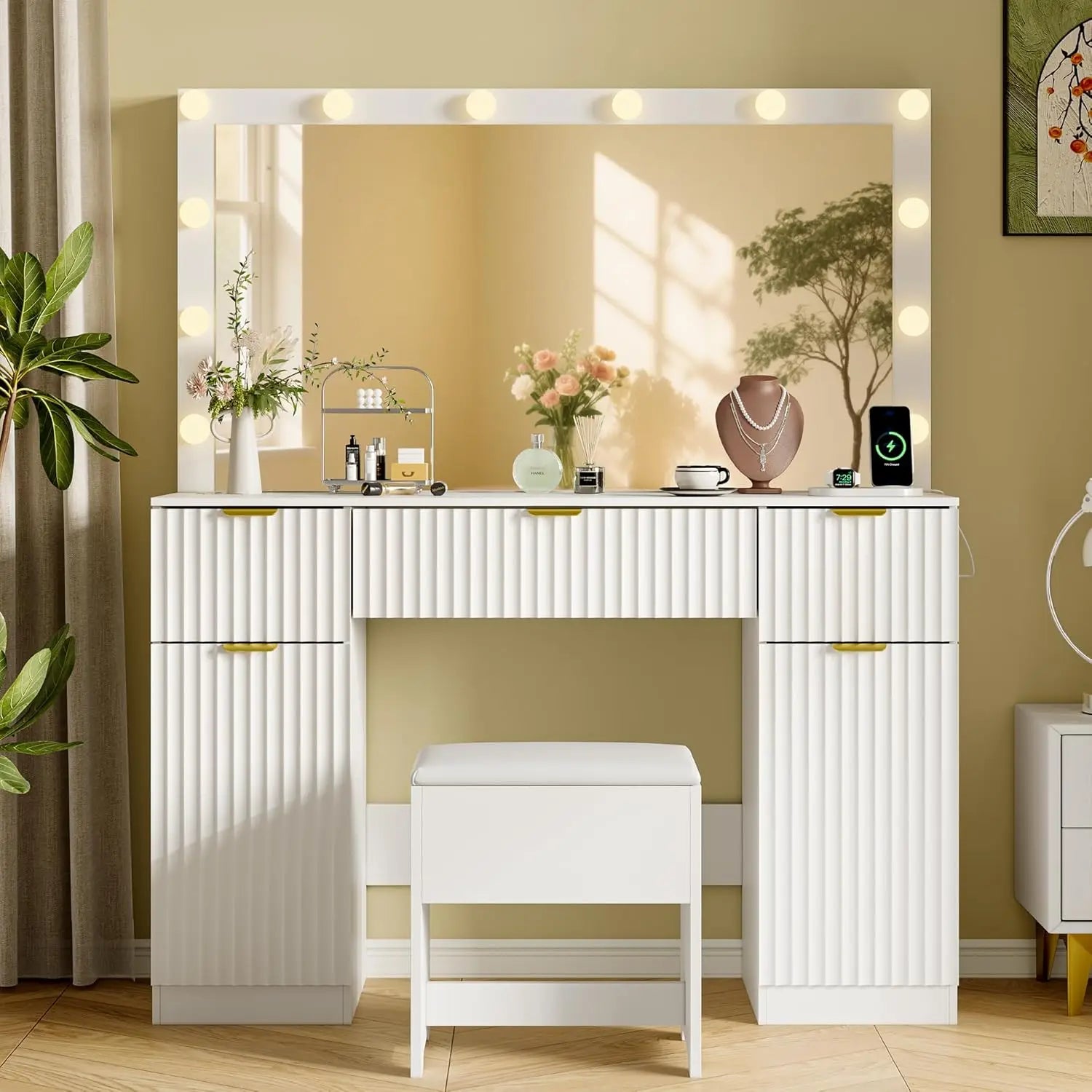 Vanity Desk with Large 42" Mirror and Lights, White Fluted Makeup Table Set with Storage Drawers, Power Outlet & Stool