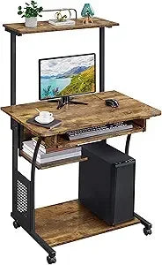 3 Tiers Rolling Computer Desk with Keyboard Tray and Printer Shelf for Home Office, Mobile Computer Desk for Small Space, Retro