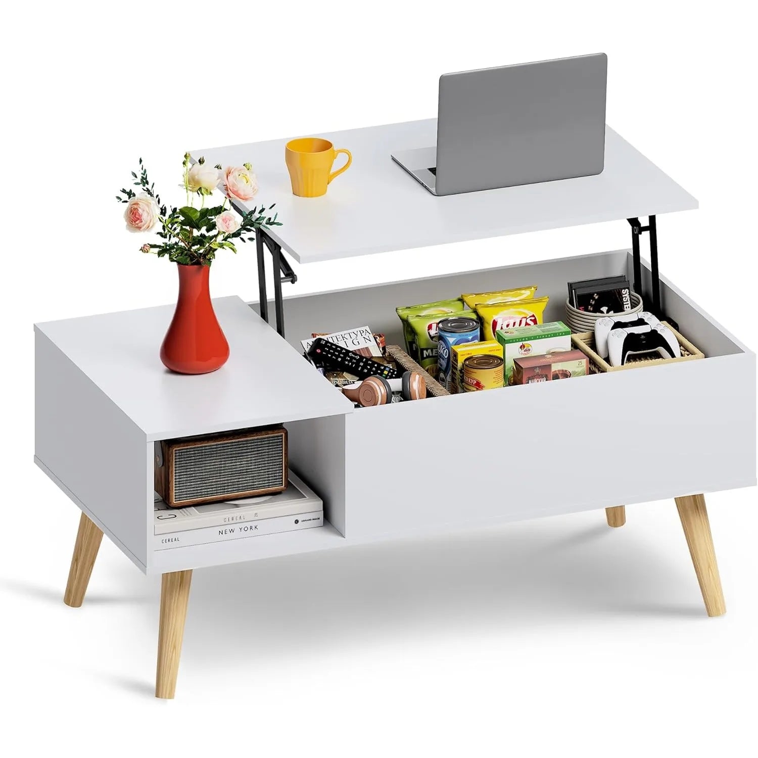 Lift Top Coffee Table with Storage, Small Rising Wooden Dining Center Table with Storage Shelf & Hidden Compartment, 39" White